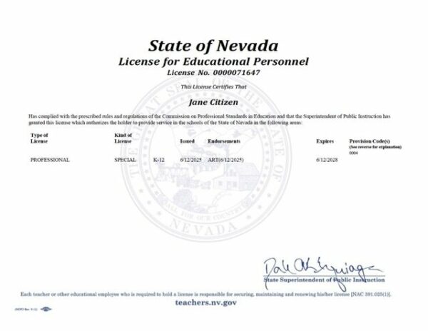 USA Nevada license for educational personnel Word and PDF template