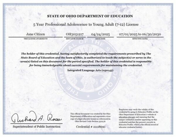 USA Ohio professional license Word and PDF template