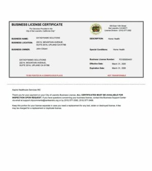 USA San Leandro business license certificate Word and PDF template