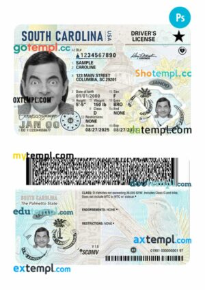 USA South Carolina driving license PSD editable template, 2025-present