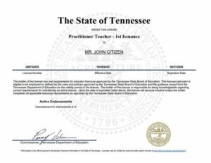 USA Tennessee teaching license Word and PDF template