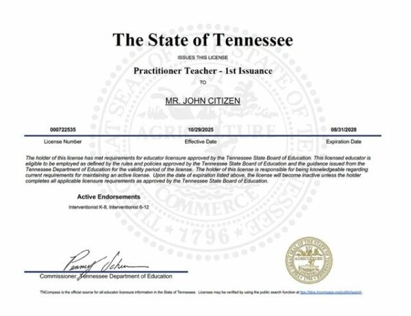 USA Tennessee teaching license Word and PDF template