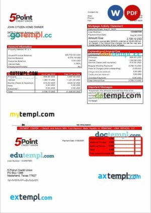 USA Texas 5Point Credit Union bank mortgage statement in Word and PDF formats