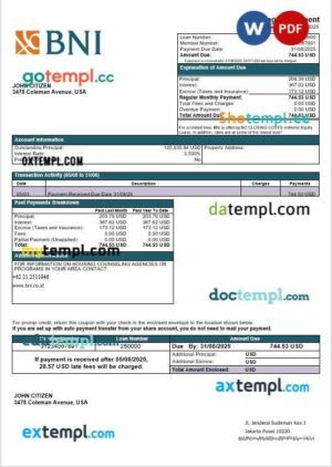 USA Texas BNI bank mortgage statement in Word and PDF formats