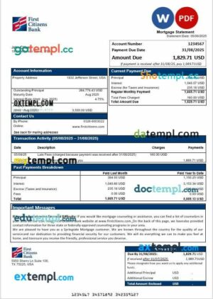 USA Texas First Citizens bank mortgage statement in Word and PDF formats