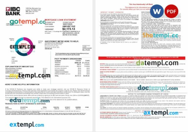 USA Texas IBC bank mortgage loan statement in Word and PDF formats, 4 pages