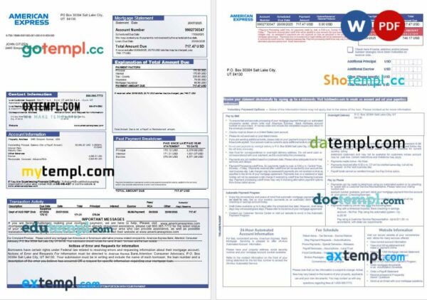 USA The American Express bank mortgage statement in Word and PDF formats, 3 pages