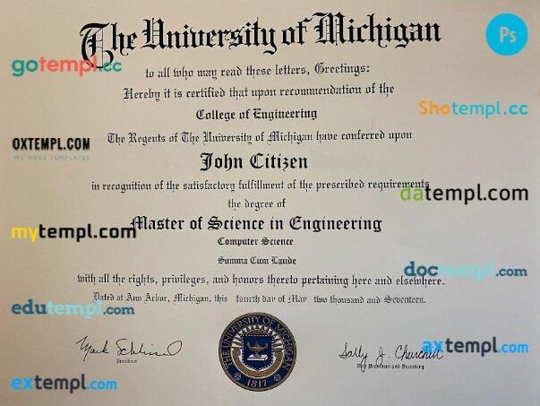 USA The university of Michigan diploma template in PSD format