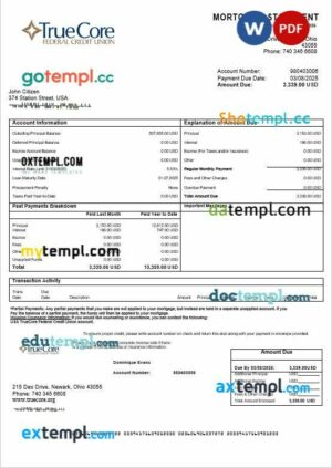 USA TrueCore Federal Credit Union account mortgage statement in Word and PDF formats