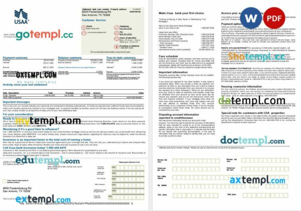 USA USAA Bank mortgage statement in Word and PDF formats, 2 pages