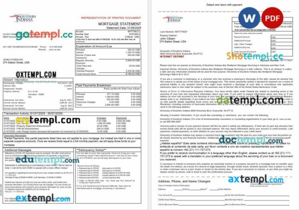 USA University of Southern Indianna account mortgage statement in Word and PDF formats, 3 pages