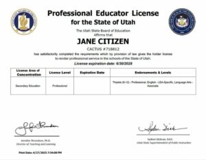 USA Utah professional educator license Word and PDF template