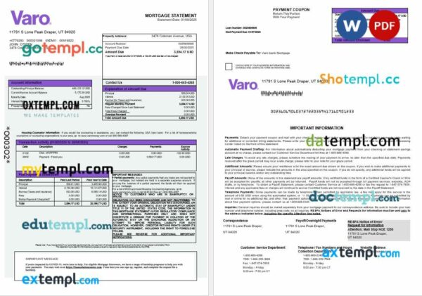 USA Varo bank mortgage statement in Word and PDF formats