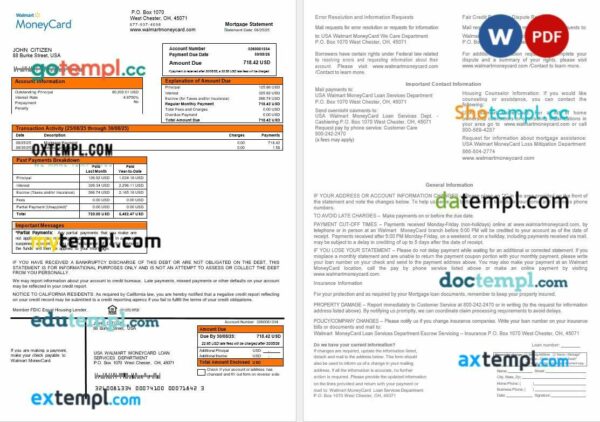 USA Walmart Money Card mortgage statement in Word and PDF formats