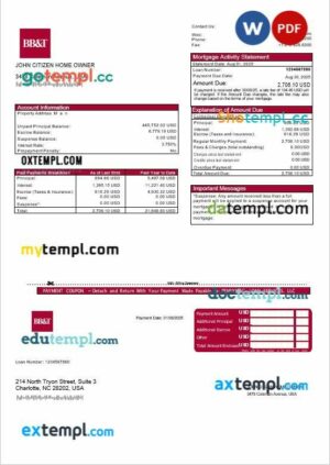 USA Washington BB&T bank mortgage statement in Word and PDF formats