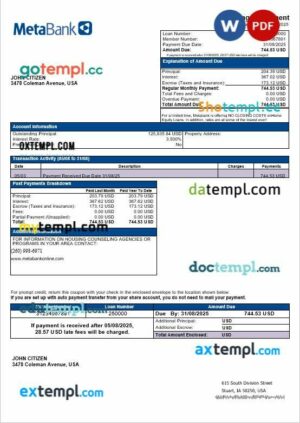 USA Washington Metabank mortgage statement in Word and PDF formats