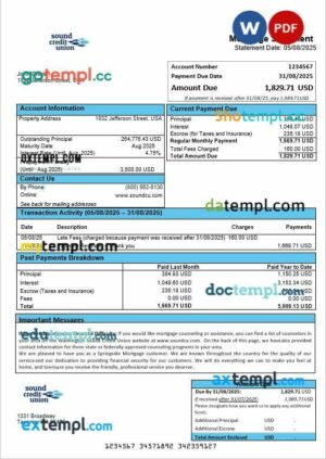 USA Washington Sound Credit Union mortgage statement in Word and PDF formats