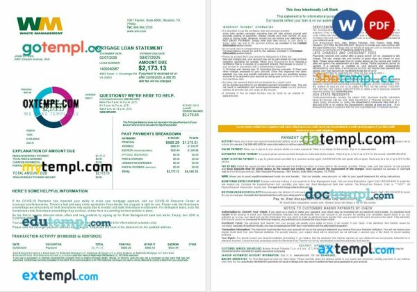 USA Waste Management bank mortgage loan statement in Word and PDF formats, 4 pages