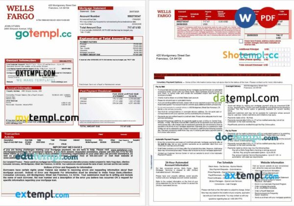 USA Wells Fargo bank mortgage statement in Word and PDF formats, 3 pages