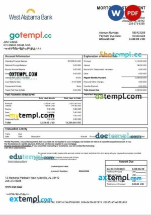 USA West Alabama bank mortgage statement in Word and PDF formats