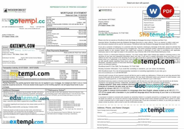 USA Woodforest bank mortgage statement in Word and PDF formats, 3 pages