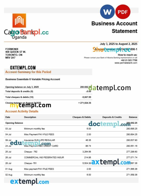 Uganda Cairo enterprise account statement Word and PDF template