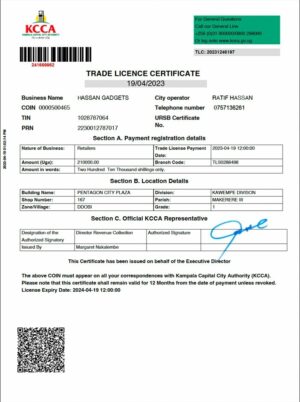 Uganda Kampala Capital City Authority (KCCA) trade license certificate Word and PDF template