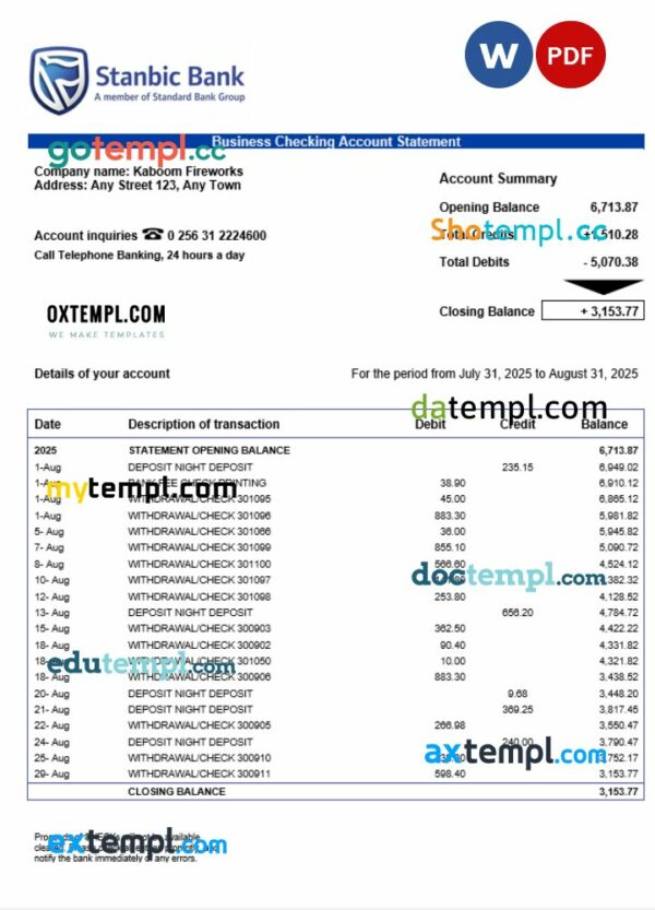Uganda Stanbic firm account statement Word and PDF template