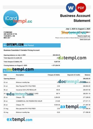 Ukraine Icard business checking account statement Word and PDF template