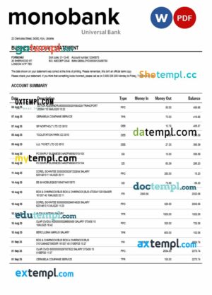 Ukraine Monobank enterprise account statement Word and PDF template