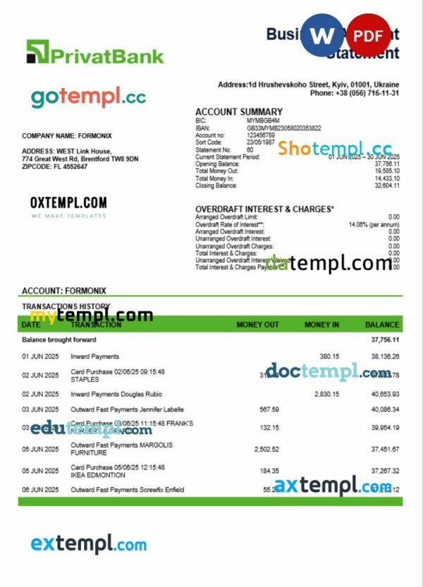 Ukraine Privatbank enterprise account statement Word and PDF template