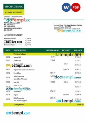 Ukrainian Oshadbank enterprise statement Word and PDF template
