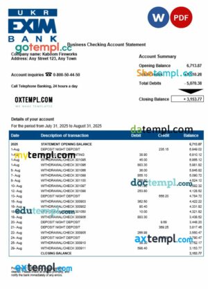 Ukrainian Ukreximbank business checking account statement Word and PDF template