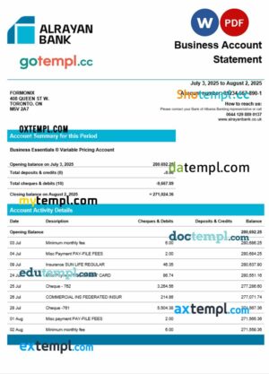 United Kingdom Al Rayan organization account statement Word and PDF template