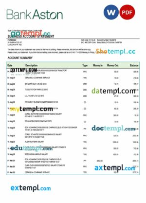 United Kingdom Bank of Aston business checking account statement Word and PDF template
