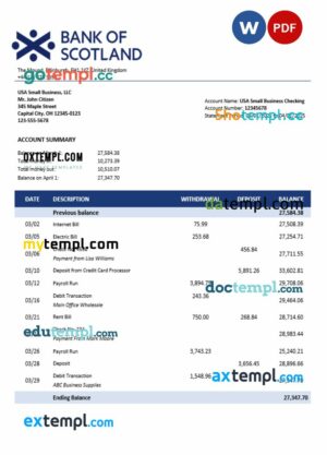 United Kingdom Bank of Scotland business checking account statement Word and PDF template