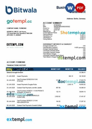 United Kingdom Bitwala firm account statement Word and PDF template
