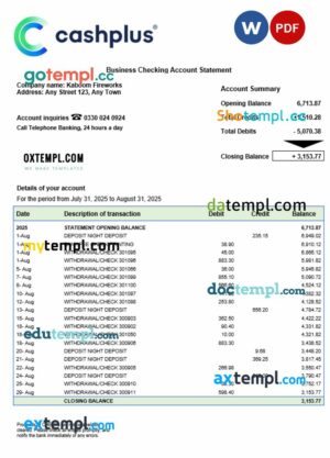 United Kingdom Cashplus corporate account statement Word and PDF template