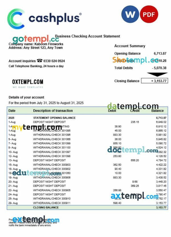 United Kingdom Cashplus corporate account statement Word and PDF template
