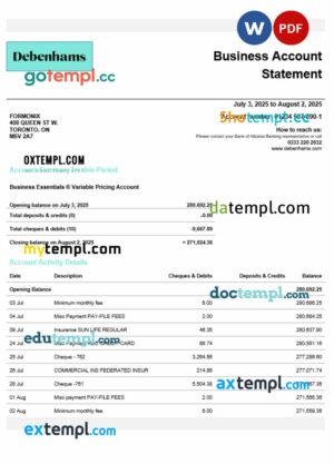 United Kingdom Debenhams business checking account statement Word and PDF template