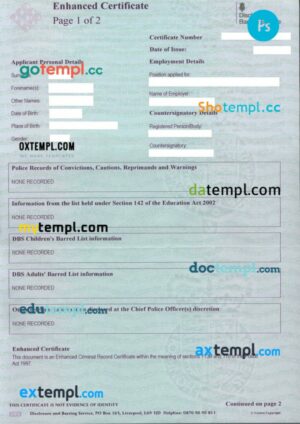 United Kingdom Disclosure and Barring Service (DBS) certificate template in PSD format
