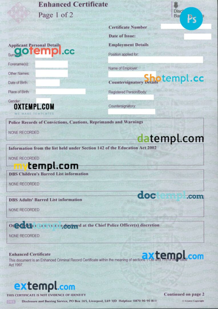 United Kingdom Disclosure and Barring Service (DBS) certificate template in PSD format
