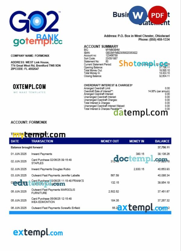 United Kingdom GO2 firm account statement Word and PDF template