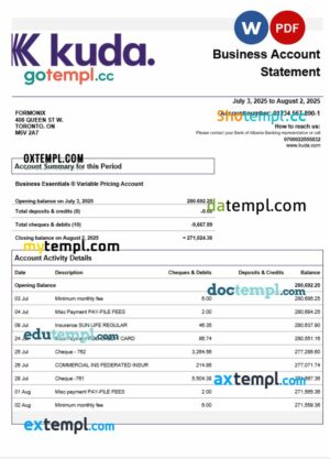 United Kingdom Kuda enterprise account statement Word and PDF template