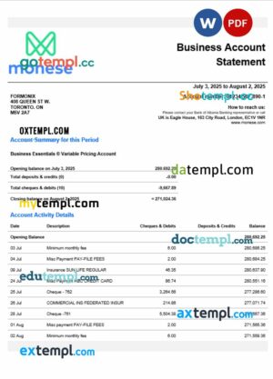 United Kingdom Monese firm account statement Word and PDF template