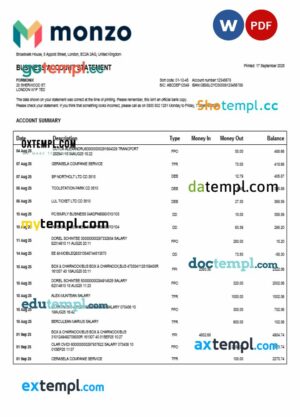 United Kingdom Monzo enterprise statement Word and PDF template