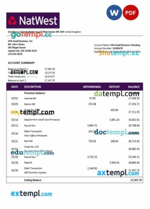 United Kingdom NatWest firm account statement Word and PDF template