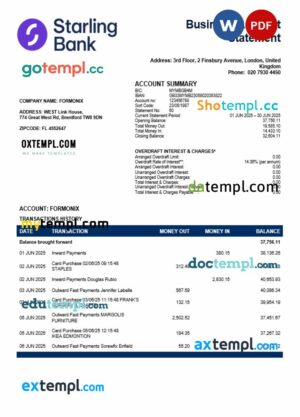United Kingdom Starling enterprise statement Word and PDF template