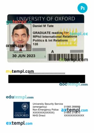 University of Oxford card template in PSD format