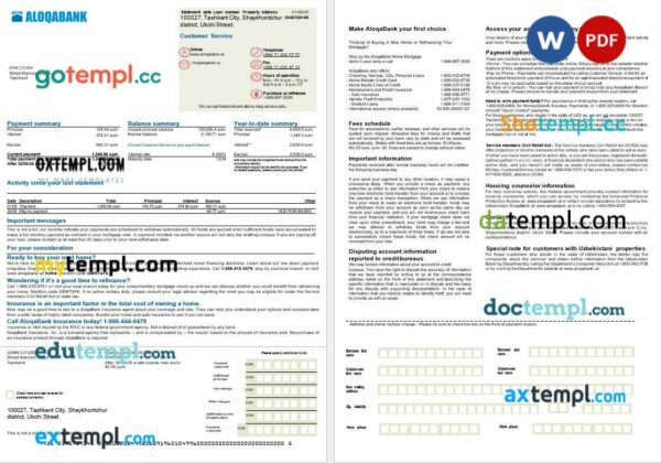 Uzbekistani Aloqabank mortgage statement in Word and PDF formats, 2 pages